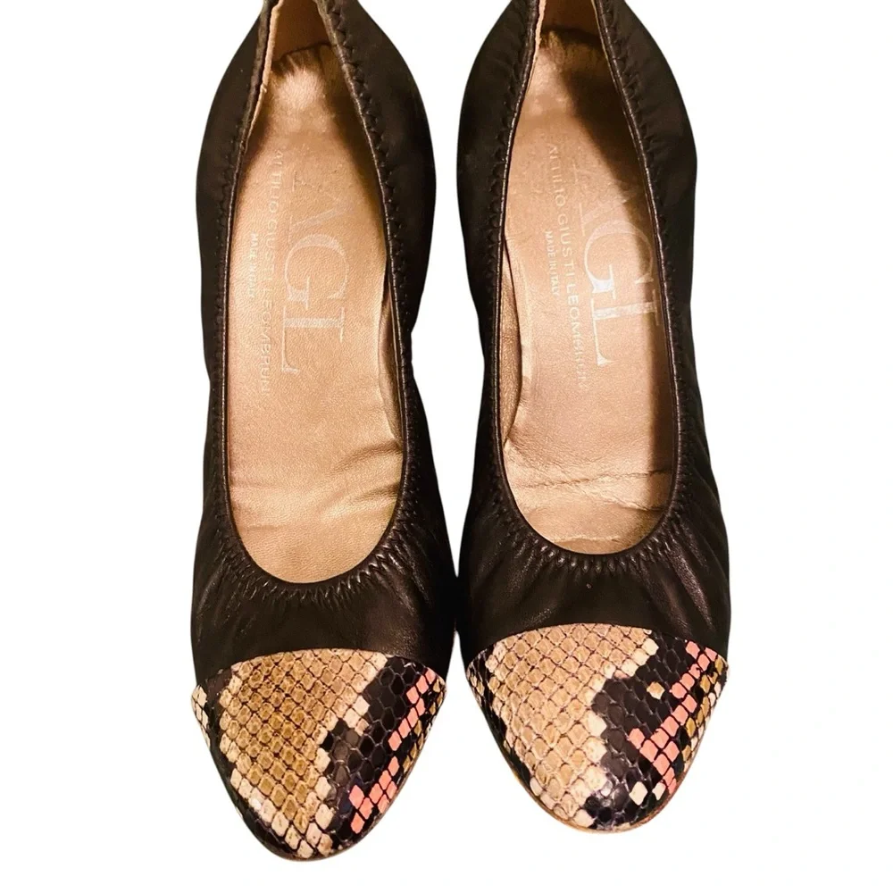 NEW AGL Attilio Giusti Leombruni Women's Black Snakeskin Cap Toe Pump Heels 38.5